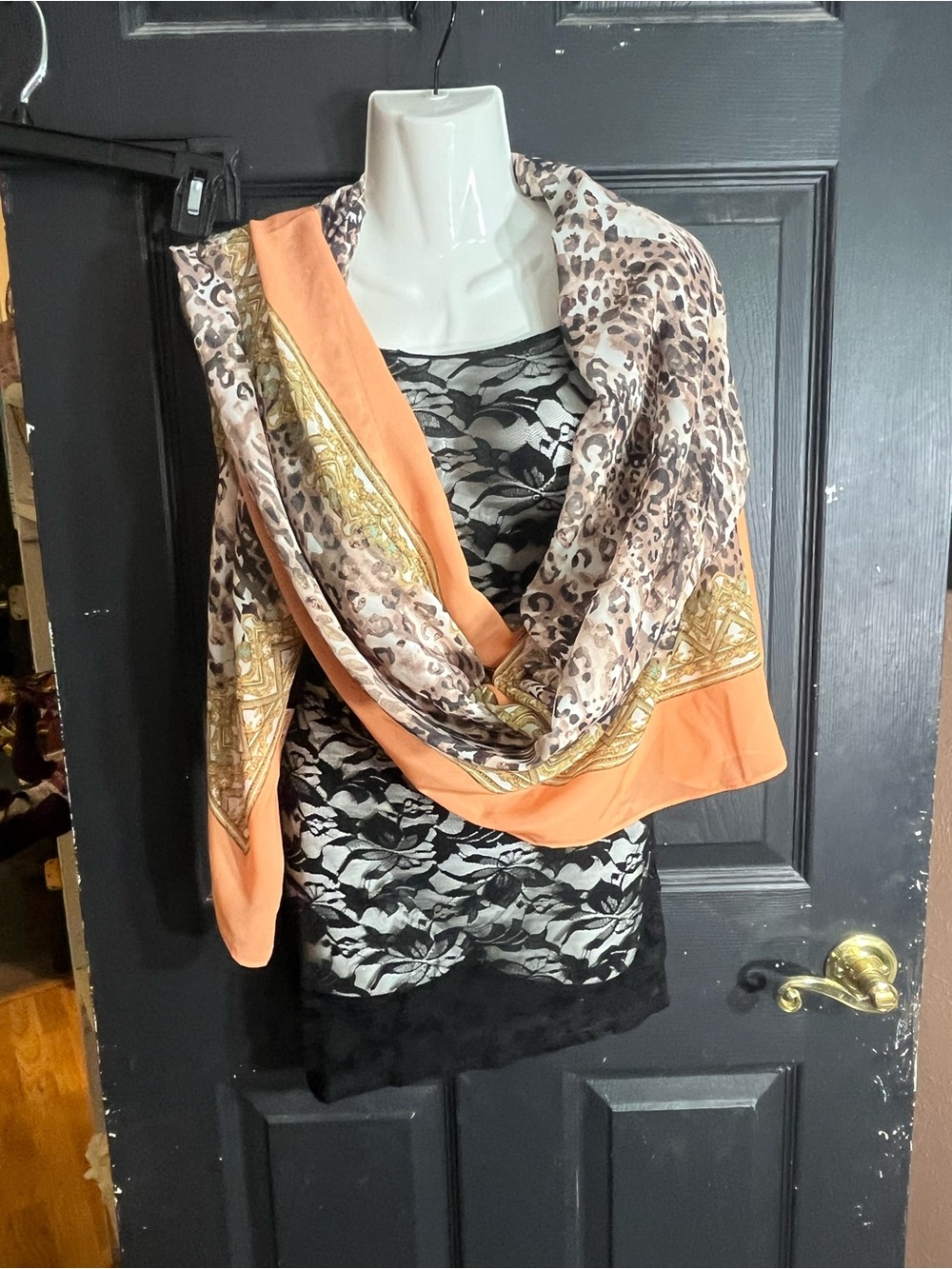 DC Leopard Print Scarf Wrap with Peach & Gold Accents